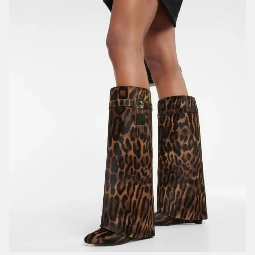 keleimusi Fold Over Wedge Boots Heeled PadLock Pant Knee High Shoes Tall/Short Booties in Black