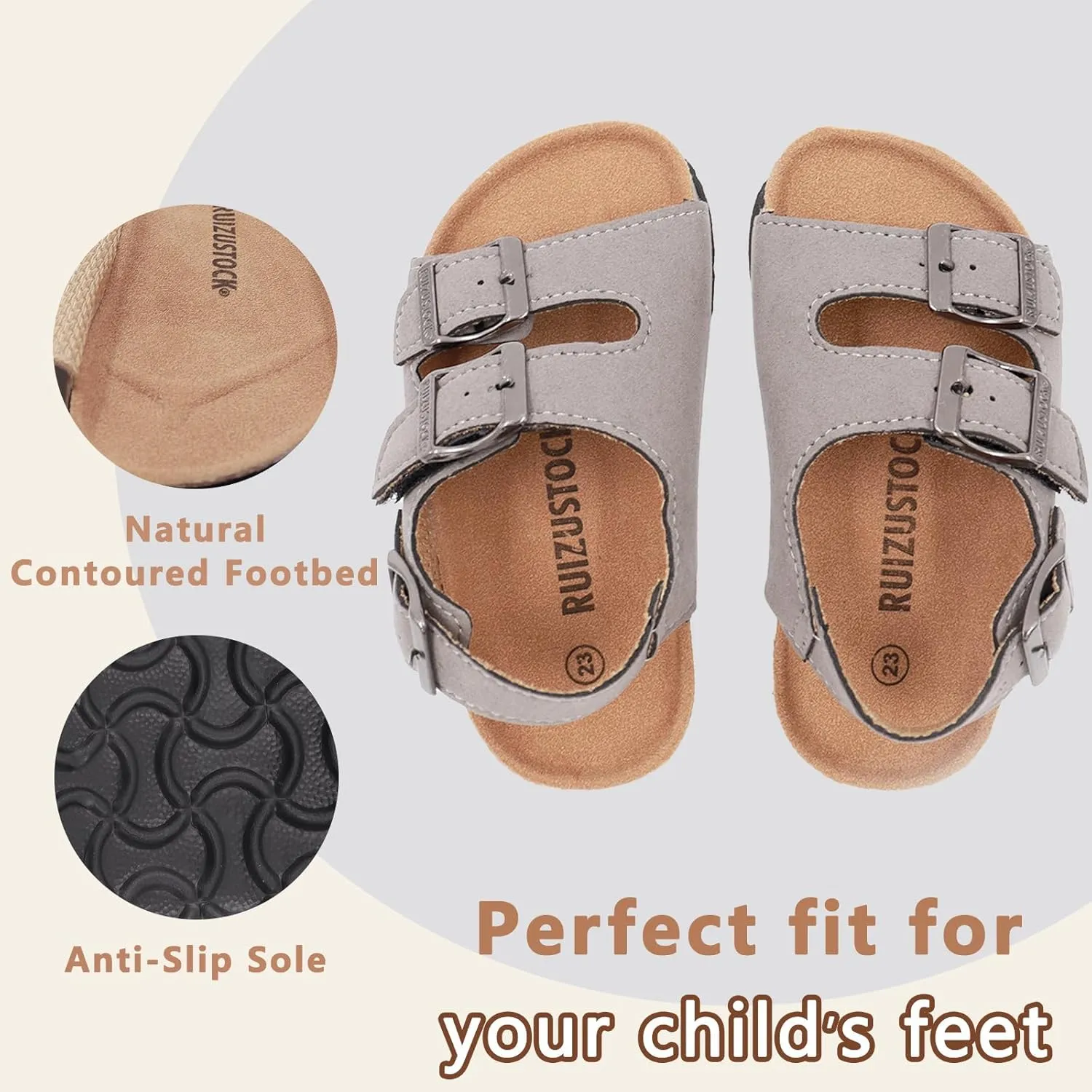 Kid Sandals Boys Girls Comfort Cork Footbed Summer Slides Sandals Toddler Adjustable Buckle Slip-On Sandal Open Toes Casual Flat for Little Kid/Big Kid