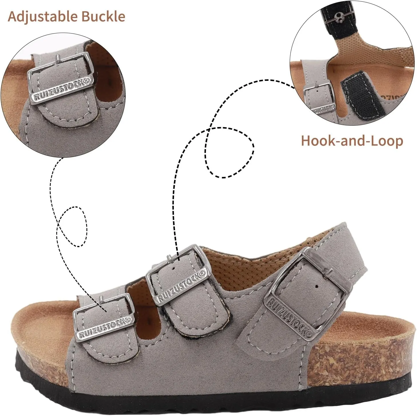 Kid Sandals Boys Girls Comfort Cork Footbed Summer Slides Sandals Toddler Adjustable Buckle Slip-On Sandal Open Toes Casual Flat for Little Kid/Big Kid