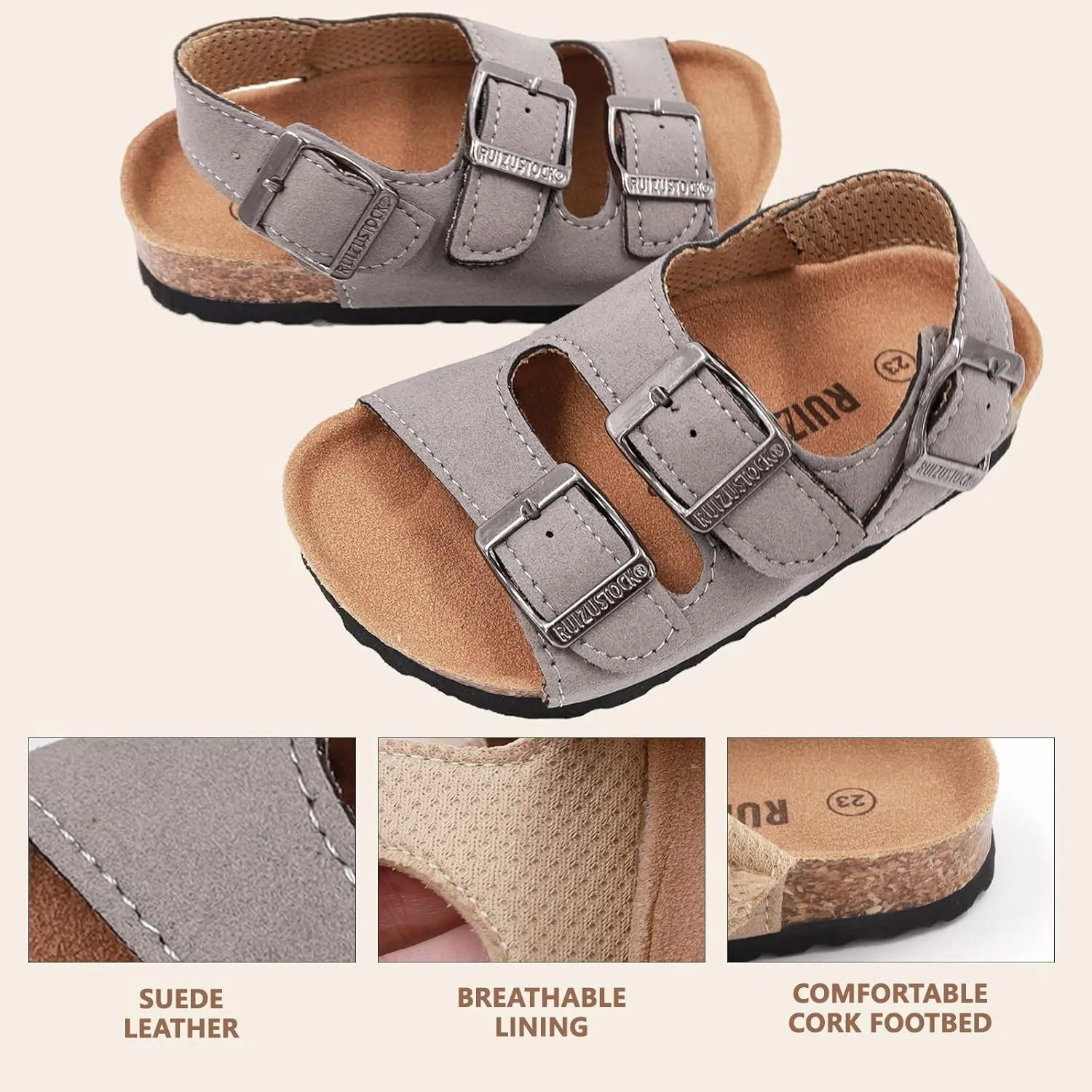 Kid Sandals Boys Girls Comfort Cork Footbed Summer Slides Sandals Toddler Adjustable Buckle Slip-On Sandal Open Toes Casual Flat for Little Kid/Big Kid