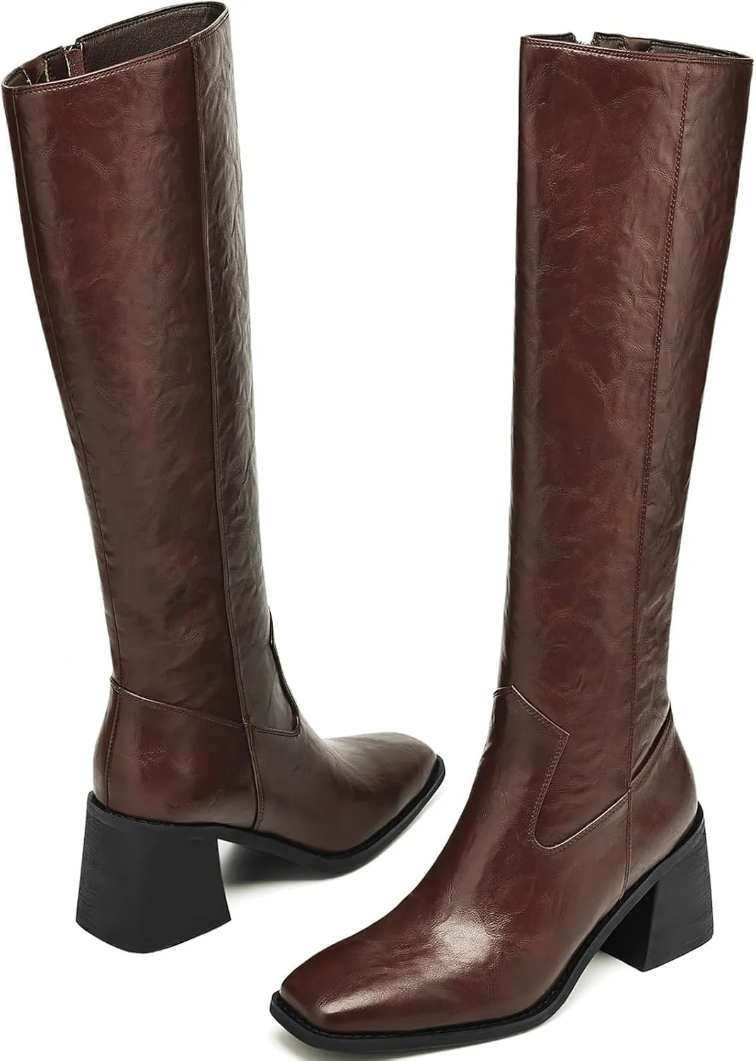 Knee High Boots Women Chunky Heel Fashion Faux Leather Tall Boots Square Toe Block Heeled Long Riding Boots