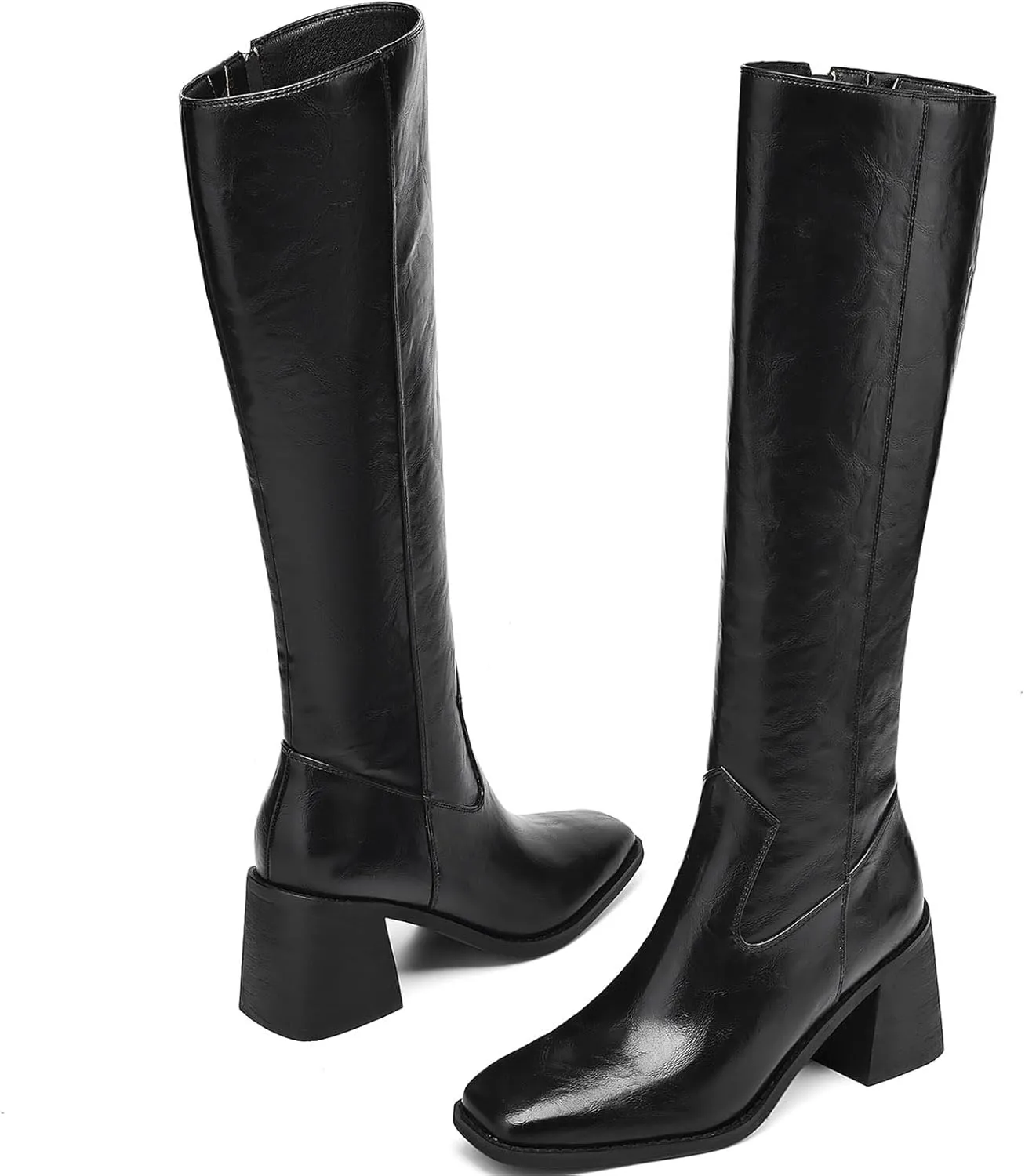 Knee High Boots Women Chunky Heel Fashion Faux Leather Tall Boots Square Toe Block Heeled Long Riding Boots