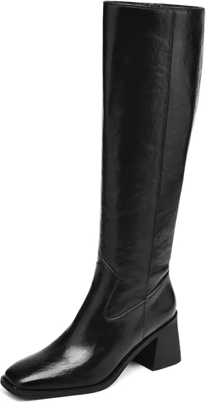 Knee High Boots Women Chunky Heel Fashion Faux Leather Tall Boots Square Toe Block Heeled Long Riding Boots