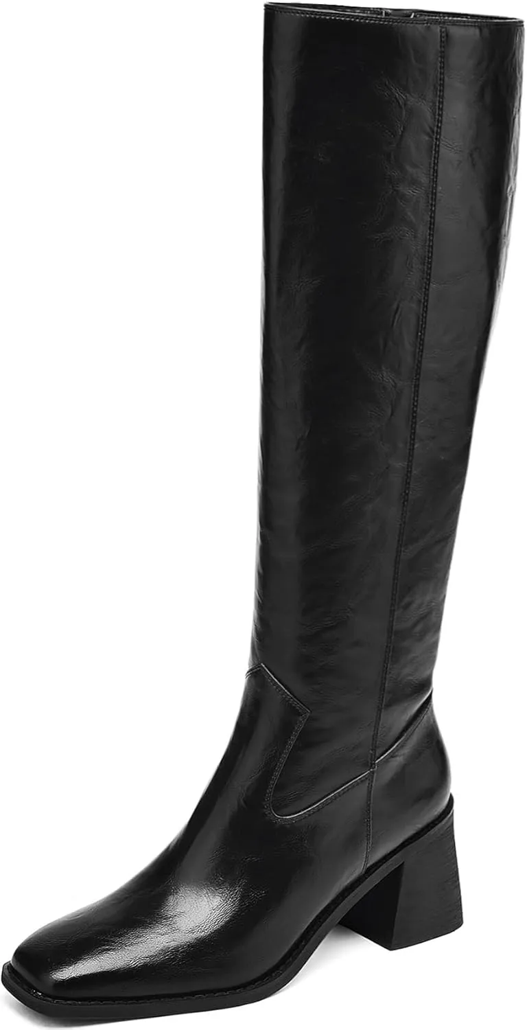 Knee High Boots Women Chunky Heel Fashion Faux Leather Tall Boots Square Toe Block Heeled Long Riding Boots