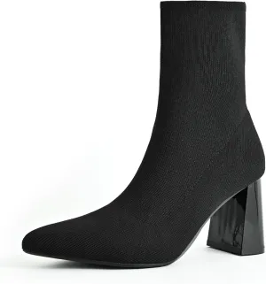 Knit Ankle Boots for Women - Chunky Block Heel Chelsea Boots - Stretchy Breathable Knit Sock Booties for Fall & Winter 2024 Trendy Slip On Comfortable