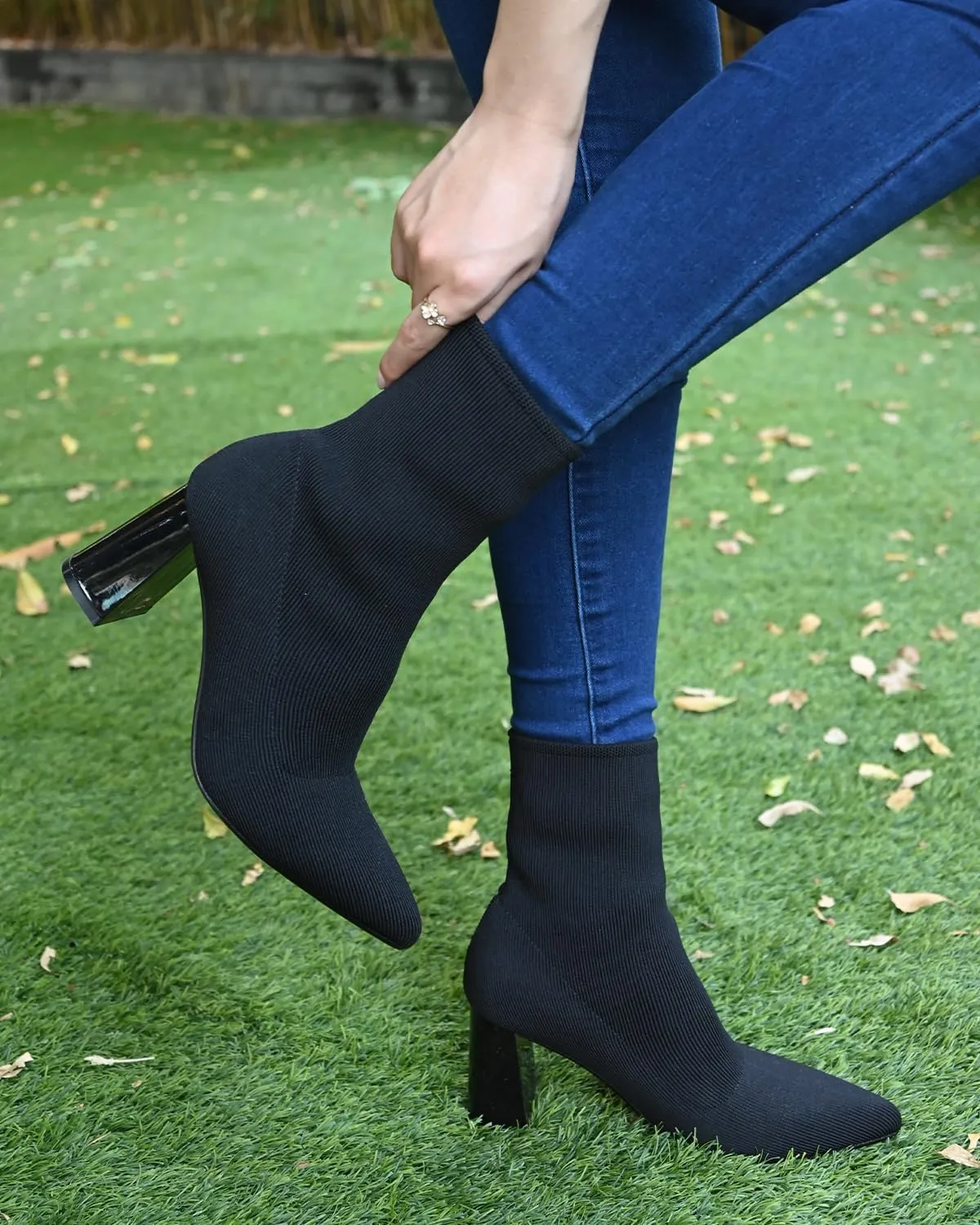 Knit Ankle Boots for Women - Chunky Block Heel Chelsea Boots - Stretchy Breathable Knit Sock Booties for Fall & Winter 2024 Trendy Slip On Comfortable