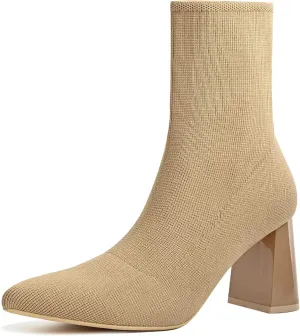 Knit Ankle Boots for Women - Chunky Block Heel Chelsea Boots - Stretchy Breathable Knit Sock Booties for Fall & Winter 2024 Trendy Slip On Comfortable