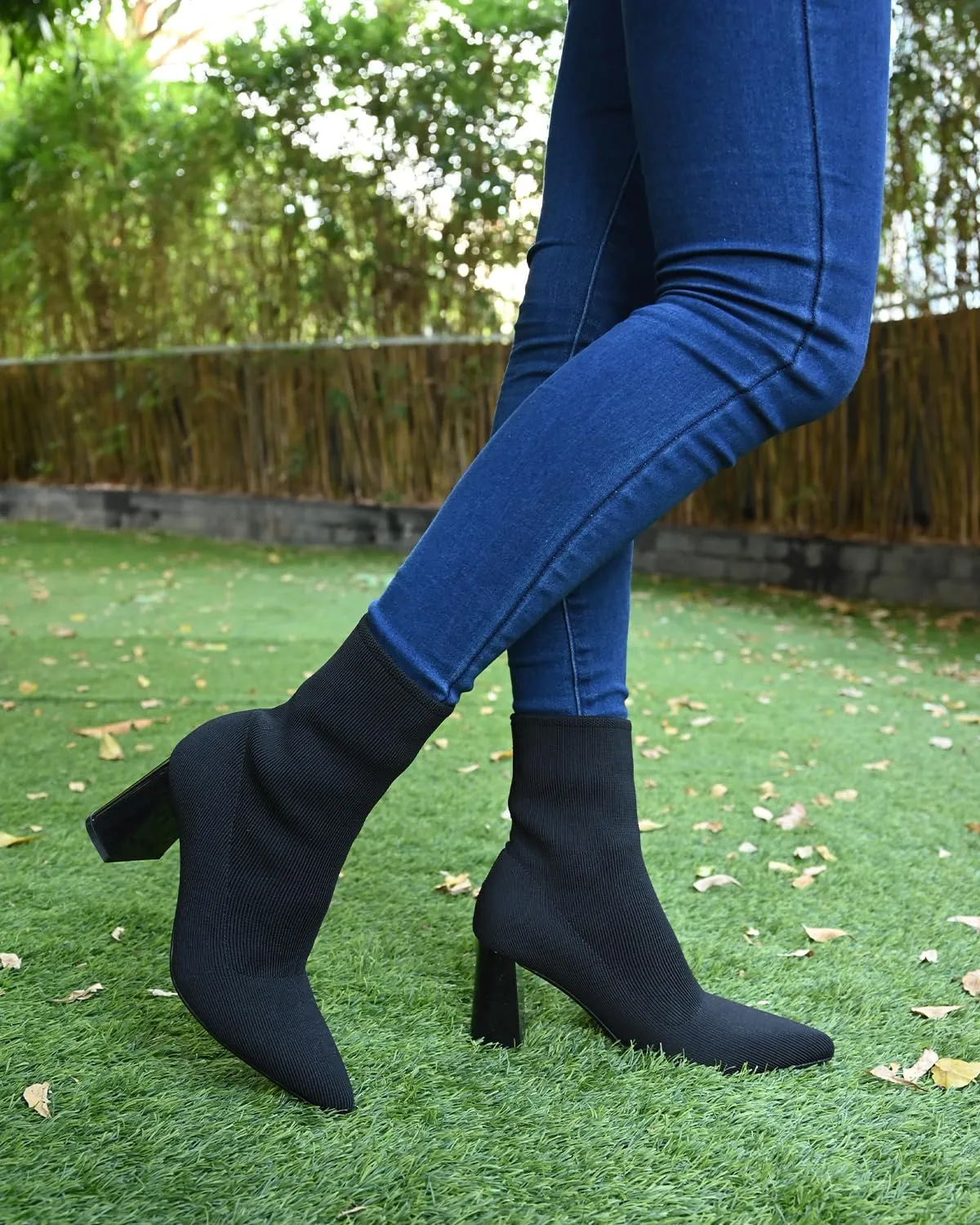 Knit Ankle Boots for Women - Chunky Block Heel Chelsea Boots - Stretchy Breathable Knit Sock Booties for Fall & Winter 2024 Trendy Slip On Comfortable