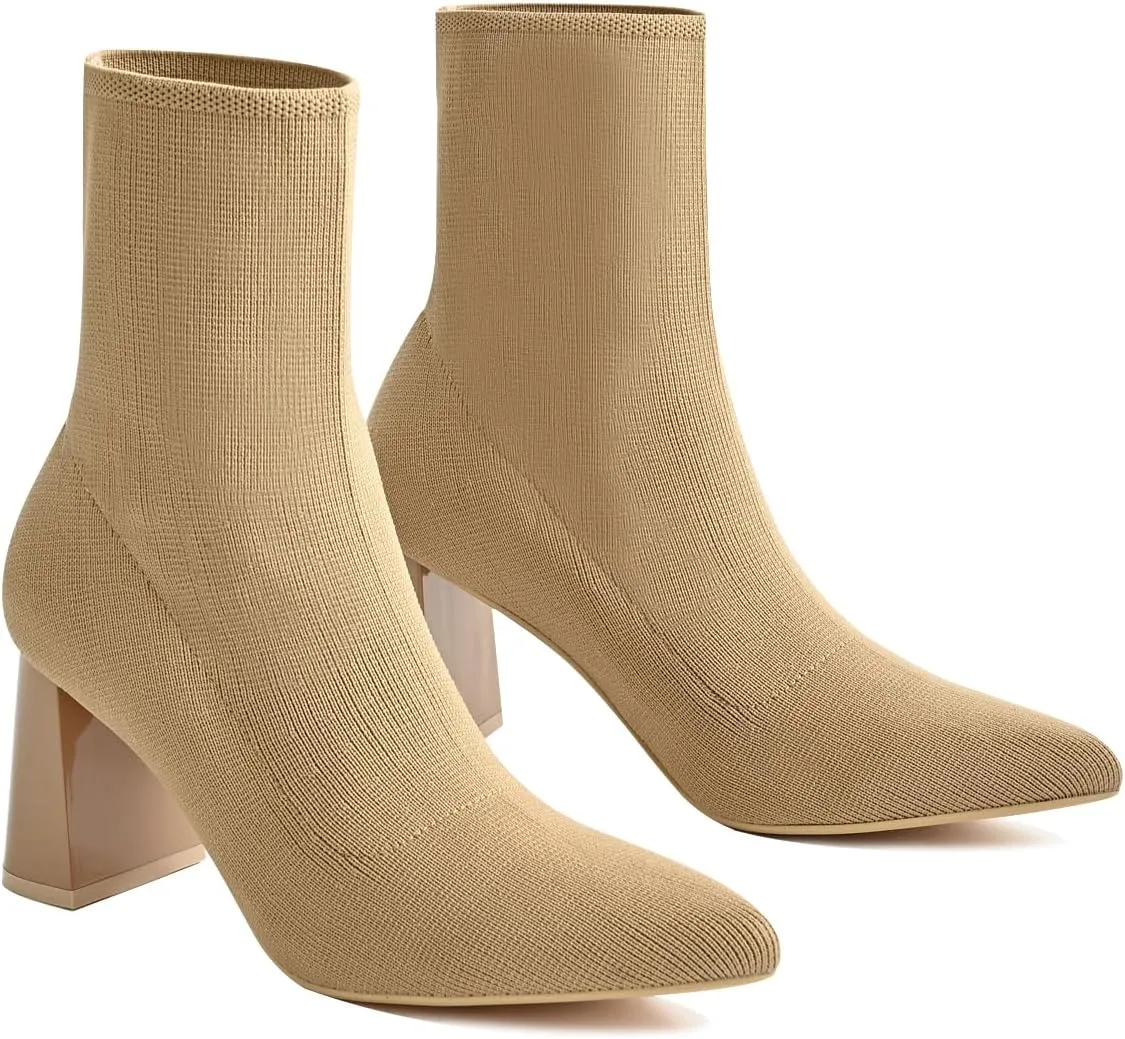 Knit Ankle Boots for Women - Chunky Block Heel Chelsea Boots - Stretchy Breathable Knit Sock Booties for Fall & Winter 2024 Trendy Slip On Comfortable