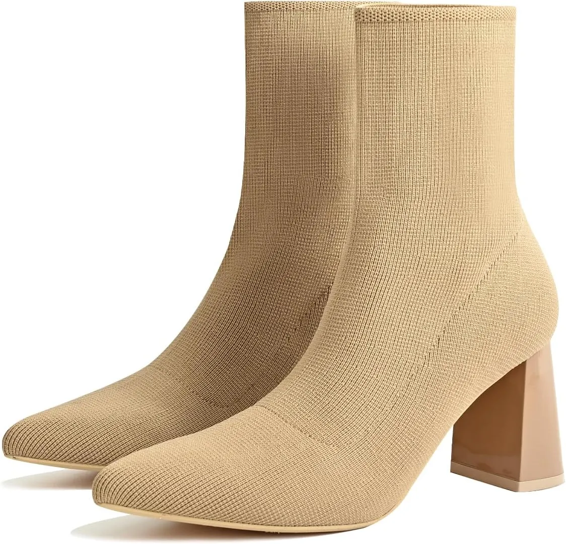 Knit Ankle Boots for Women - Chunky Block Heel Chelsea Boots - Stretchy Breathable Knit Sock Booties for Fall & Winter 2024 Trendy Slip On Comfortable