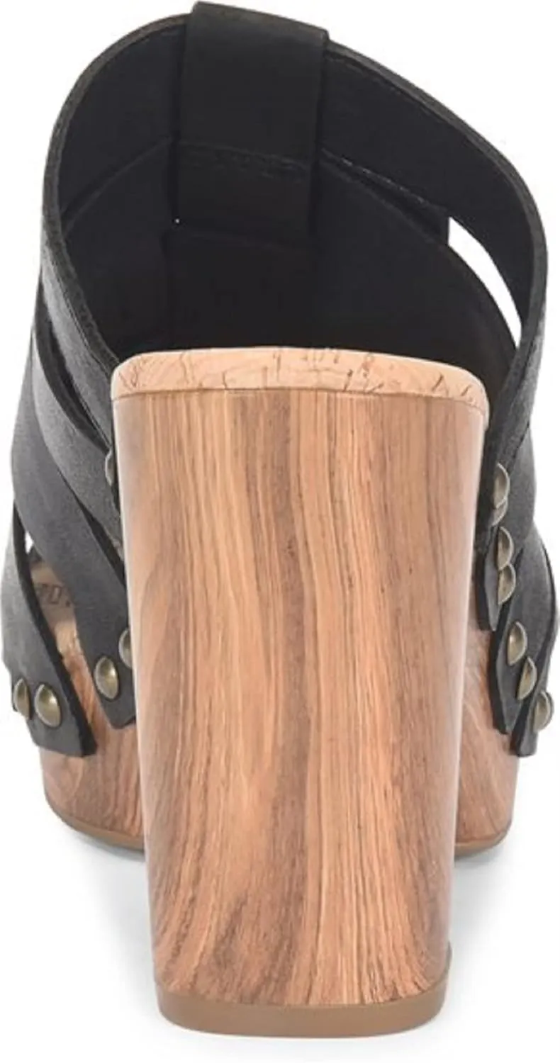 KORK-EASE Devan Women's Heeled Sandal – Hand-Burnished Woven Leather with Antiqued Rivets & Woodgrain Heel