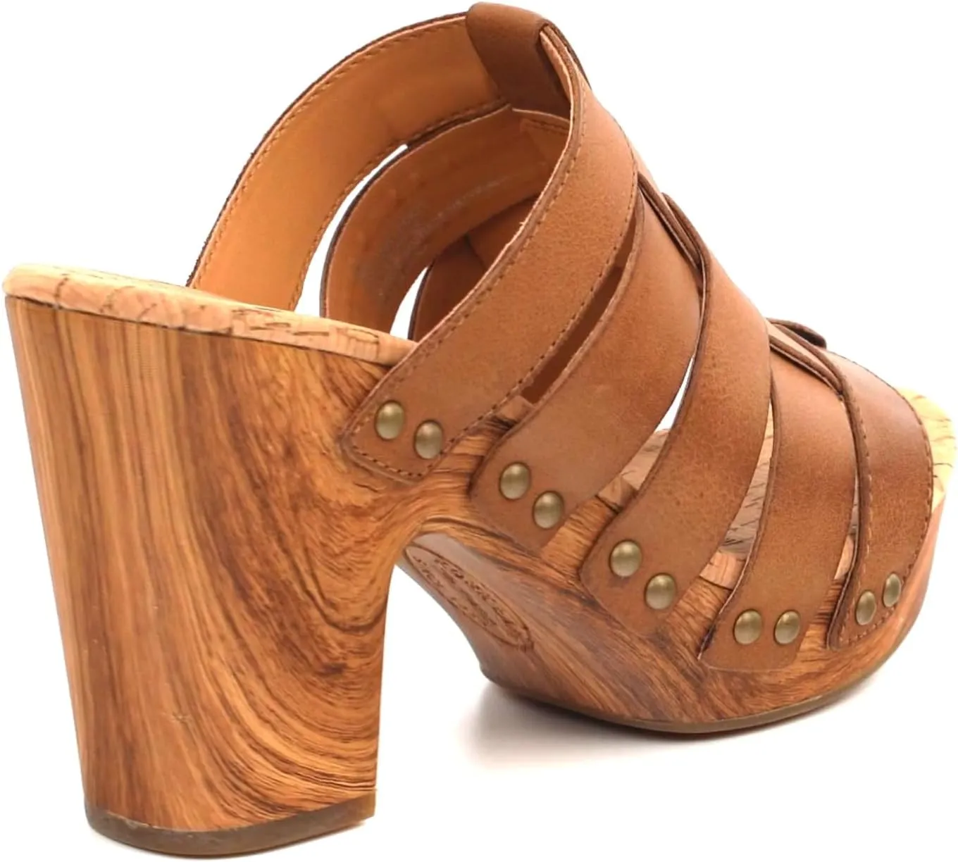KORK-EASE Devan Women's Heeled Sandal – Hand-Burnished Woven Leather with Antiqued Rivets & Woodgrain Heel