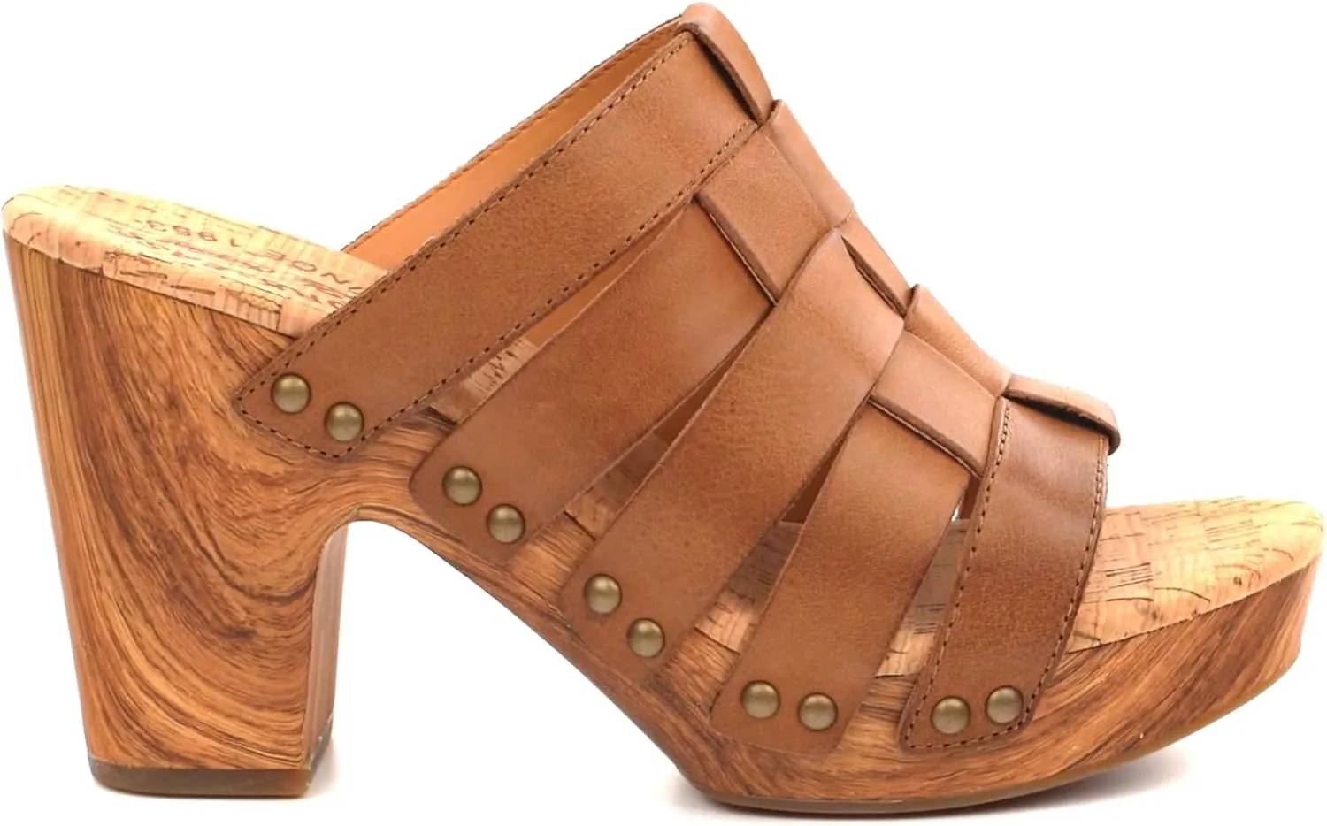 KORK-EASE Devan Women's Heeled Sandal – Hand-Burnished Woven Leather with Antiqued Rivets & Woodgrain Heel