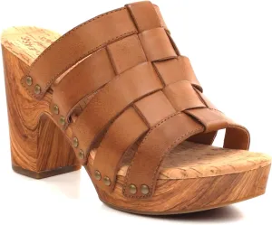 KORK-EASE Devan Women's Heeled Sandal – Hand-Burnished Woven Leather with Antiqued Rivets & Woodgrain Heel