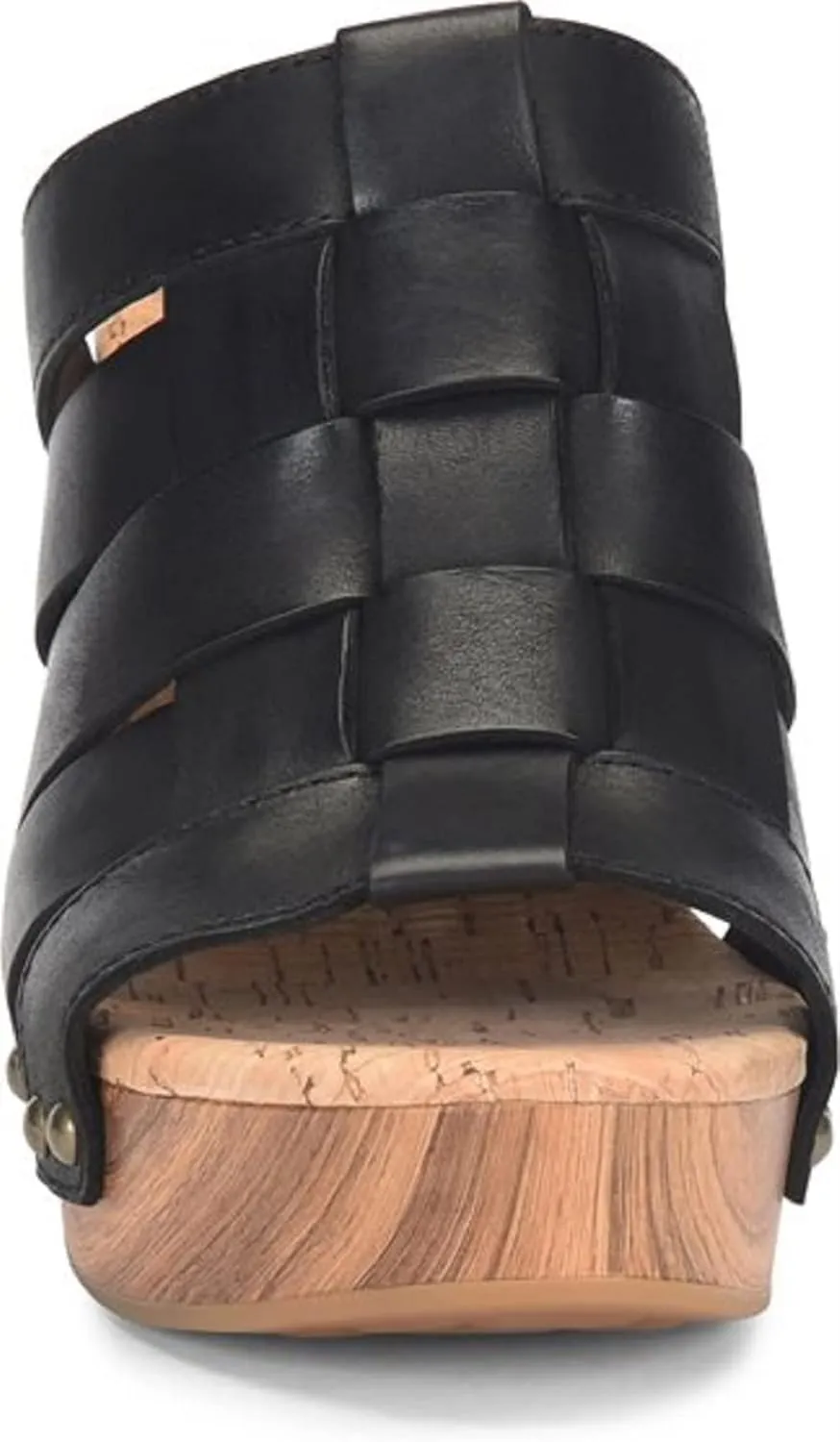 KORK-EASE Devan Women's Heeled Sandal – Hand-Burnished Woven Leather with Antiqued Rivets & Woodgrain Heel