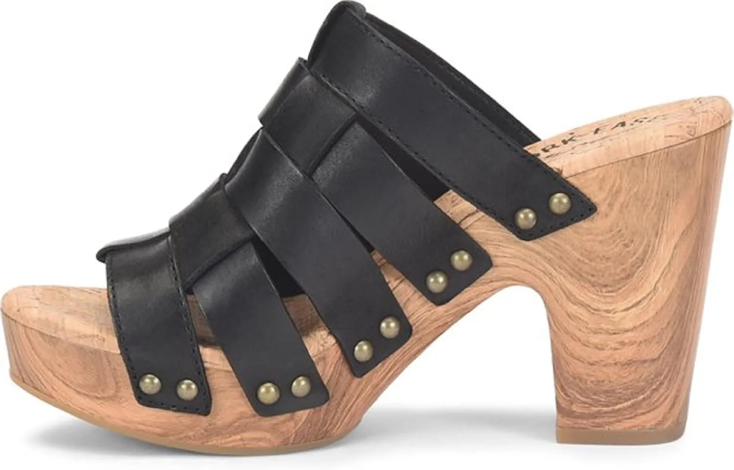 KORK-EASE Devan Women's Heeled Sandal – Hand-Burnished Woven Leather with Antiqued Rivets & Woodgrain Heel