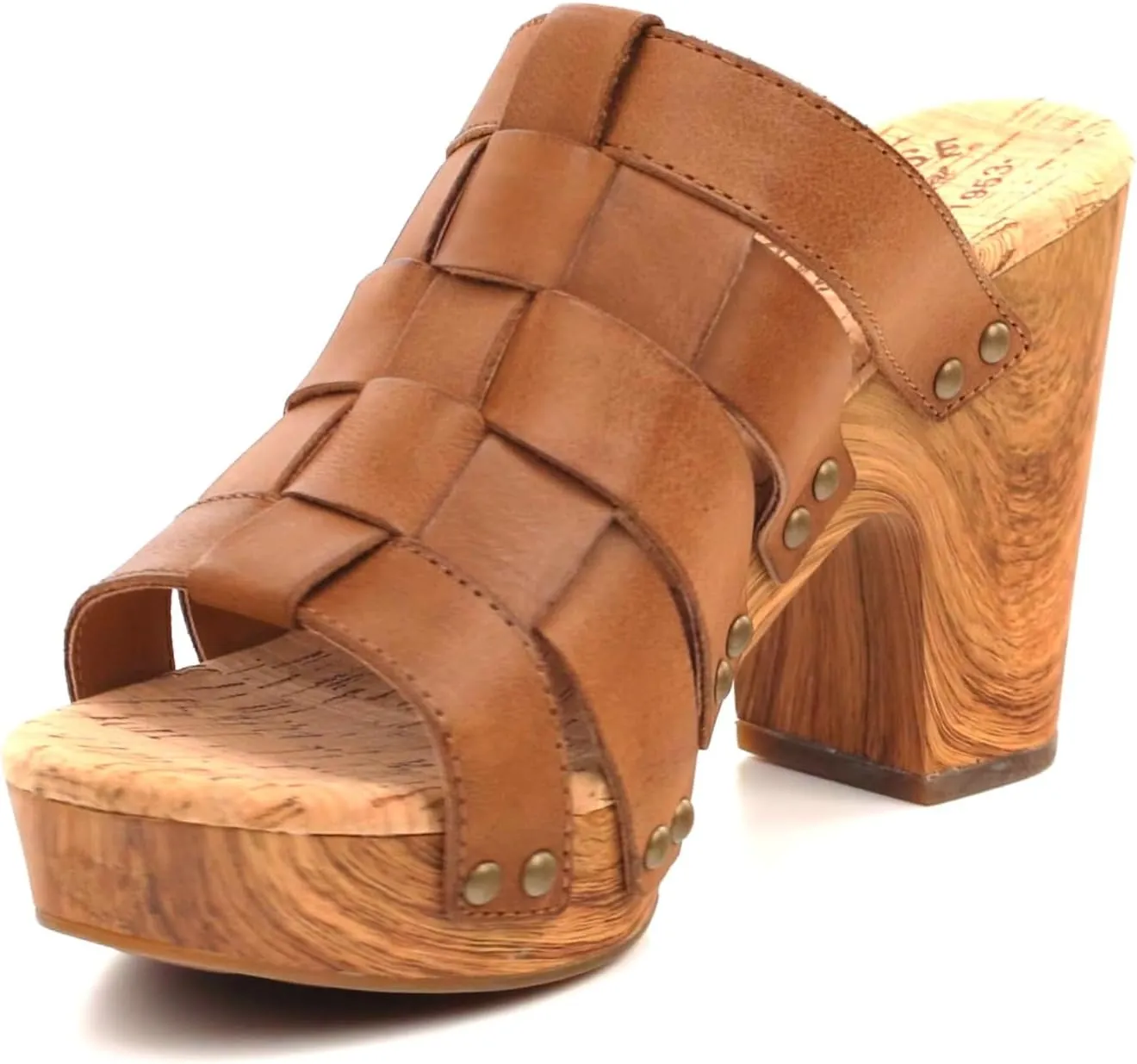 KORK-EASE Devan Women's Heeled Sandal – Hand-Burnished Woven Leather with Antiqued Rivets & Woodgrain Heel