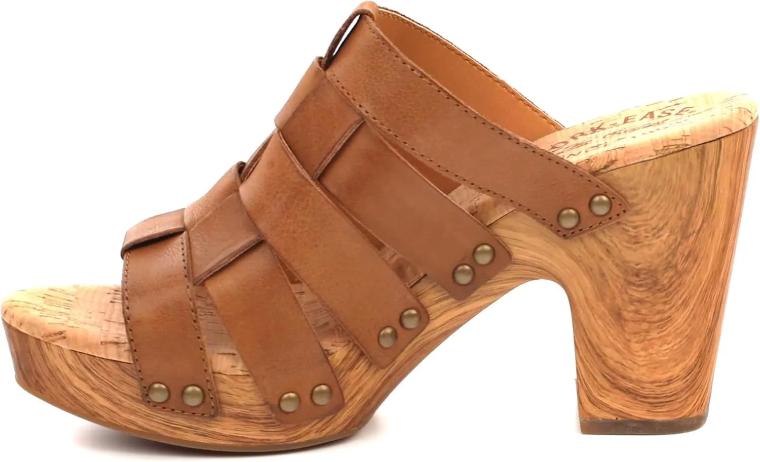 KORK-EASE Devan Women's Heeled Sandal – Hand-Burnished Woven Leather with Antiqued Rivets & Woodgrain Heel