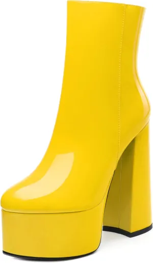 KUOARN Women's Platform Ankle Boots Block Chunky Heels Patent Round Toe 5.9 Inch High Heel Boots with Side Zipper Classic Prom Party Evening Booties