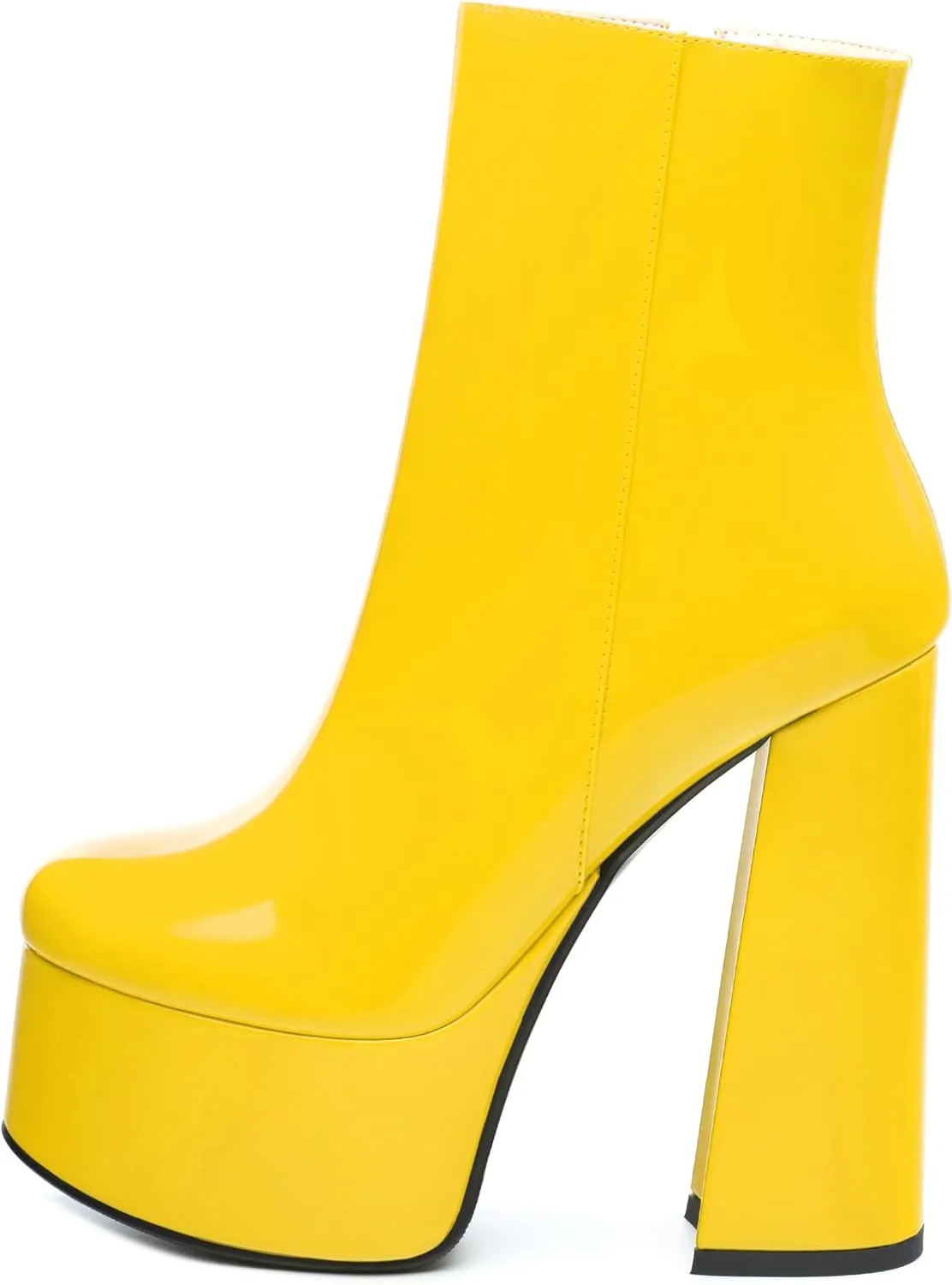 KUOARN Women's Platform Ankle Boots Block Chunky Heels Patent Round Toe 5.9 Inch High Heel Boots with Side Zipper Classic Prom Party Evening Booties