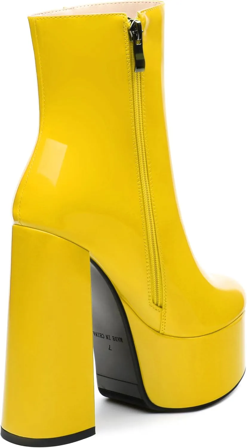 KUOARN Women's Platform Ankle Boots Block Chunky Heels Patent Round Toe 5.9 Inch High Heel Boots with Side Zipper Classic Prom Party Evening Booties