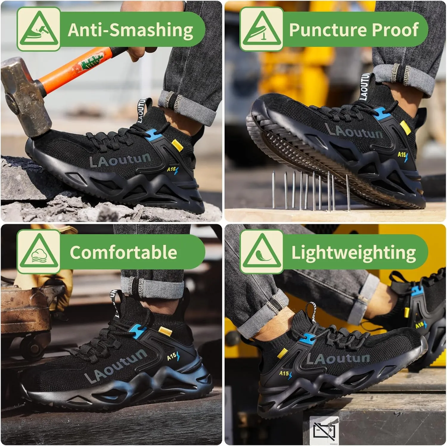 LAoutun Steel Toe Shoes for Men Women Work Shoes Safety Sneakers Shoes Comfortable Lightweight Puncture Proof Slip on Indestructible Work Shoes