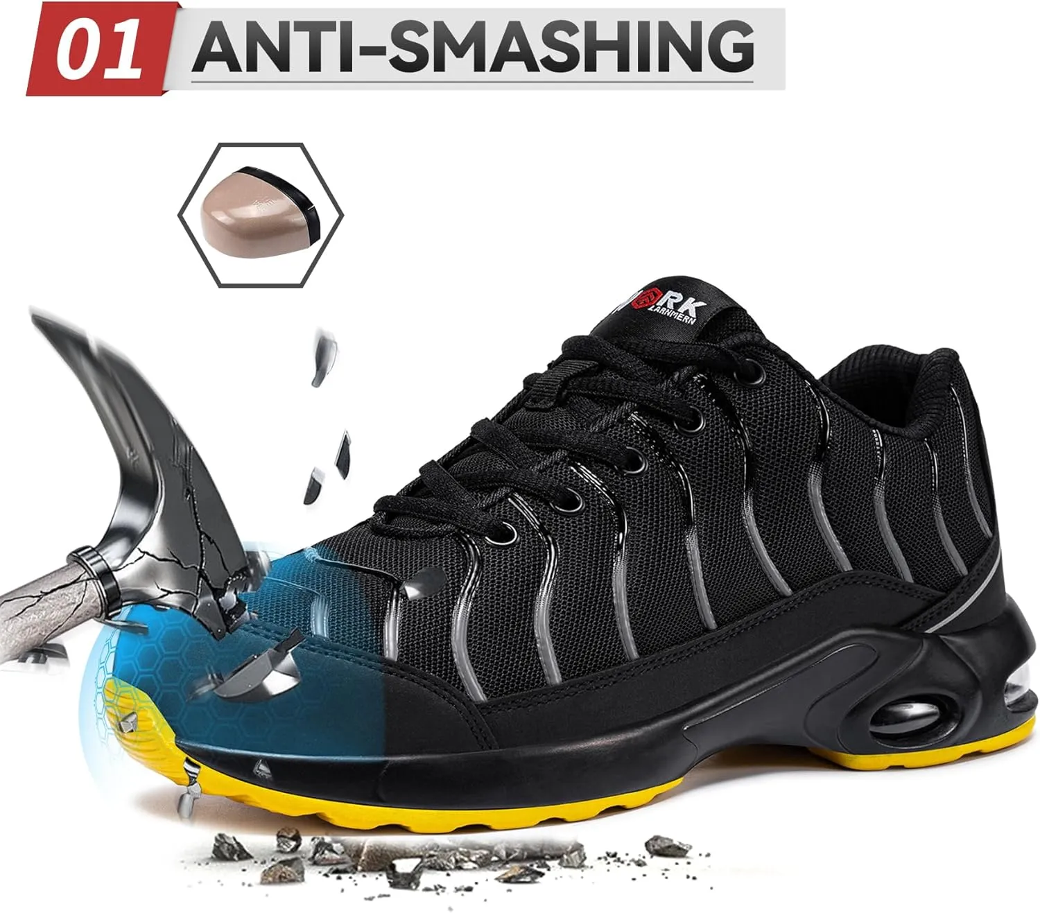 LARNMERN Air Cushion Steel Toe Shoes for Men Wide Women Lightweight Puncture Proof Work Safety Sneakers Breathable Slip Resistant Tennis Shoe