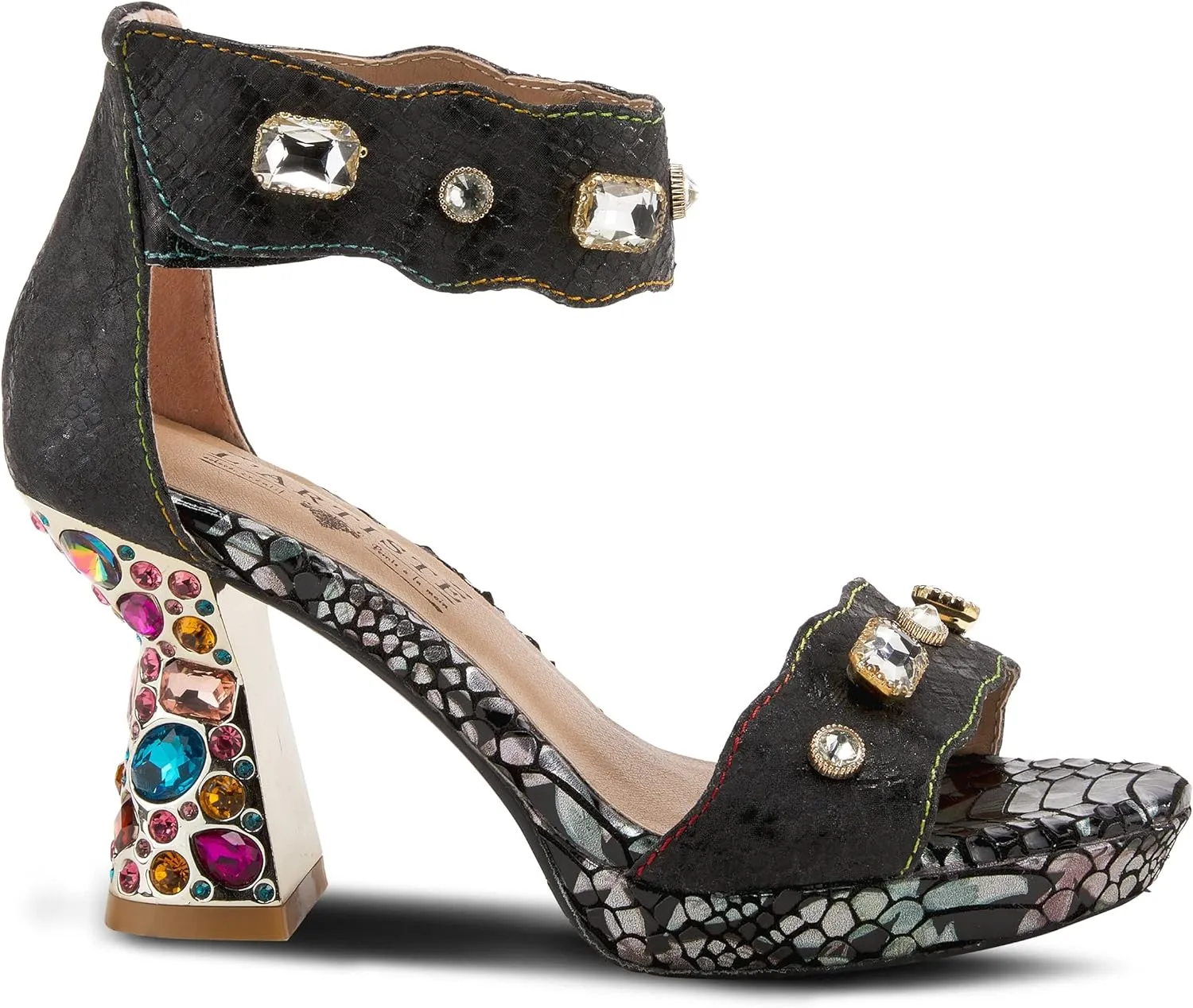 L'Artiste Jewell Women's Leather Sandals with Crystals, Strap, and Jewel Heel