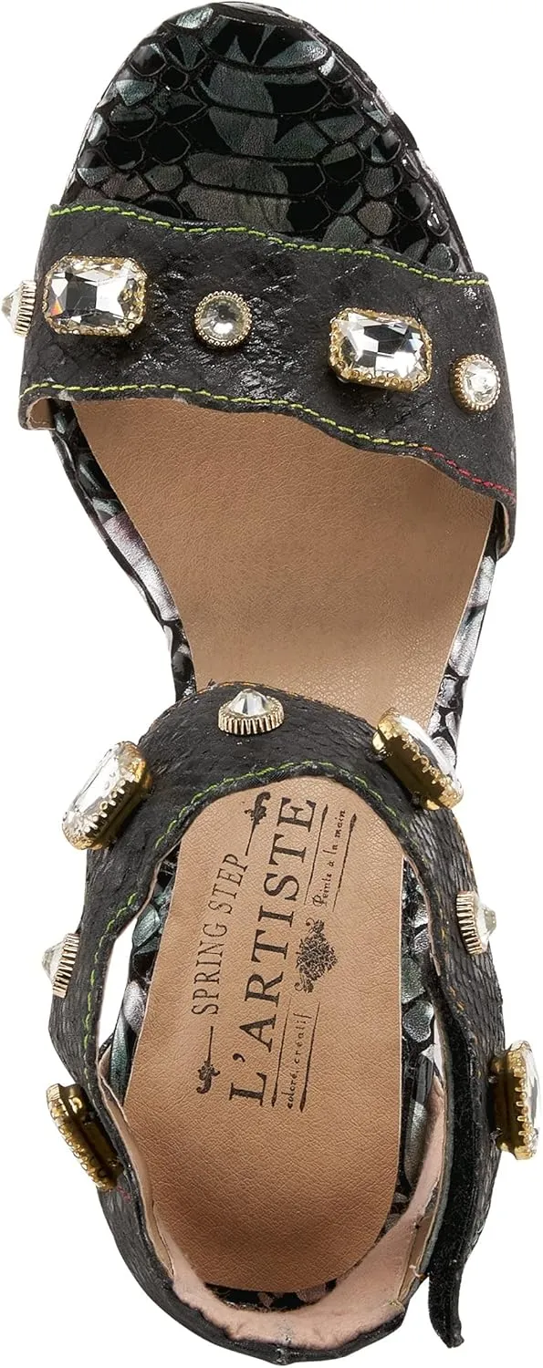 L'Artiste Jewell Women's Leather Sandals with Crystals, Strap, and Jewel Heel