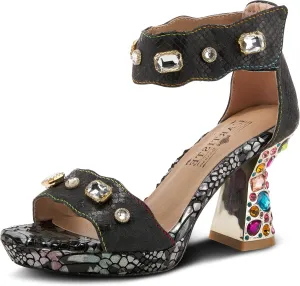 L'Artiste Jewell Women's Leather Sandals with Crystals, Strap, and Jewel Heel