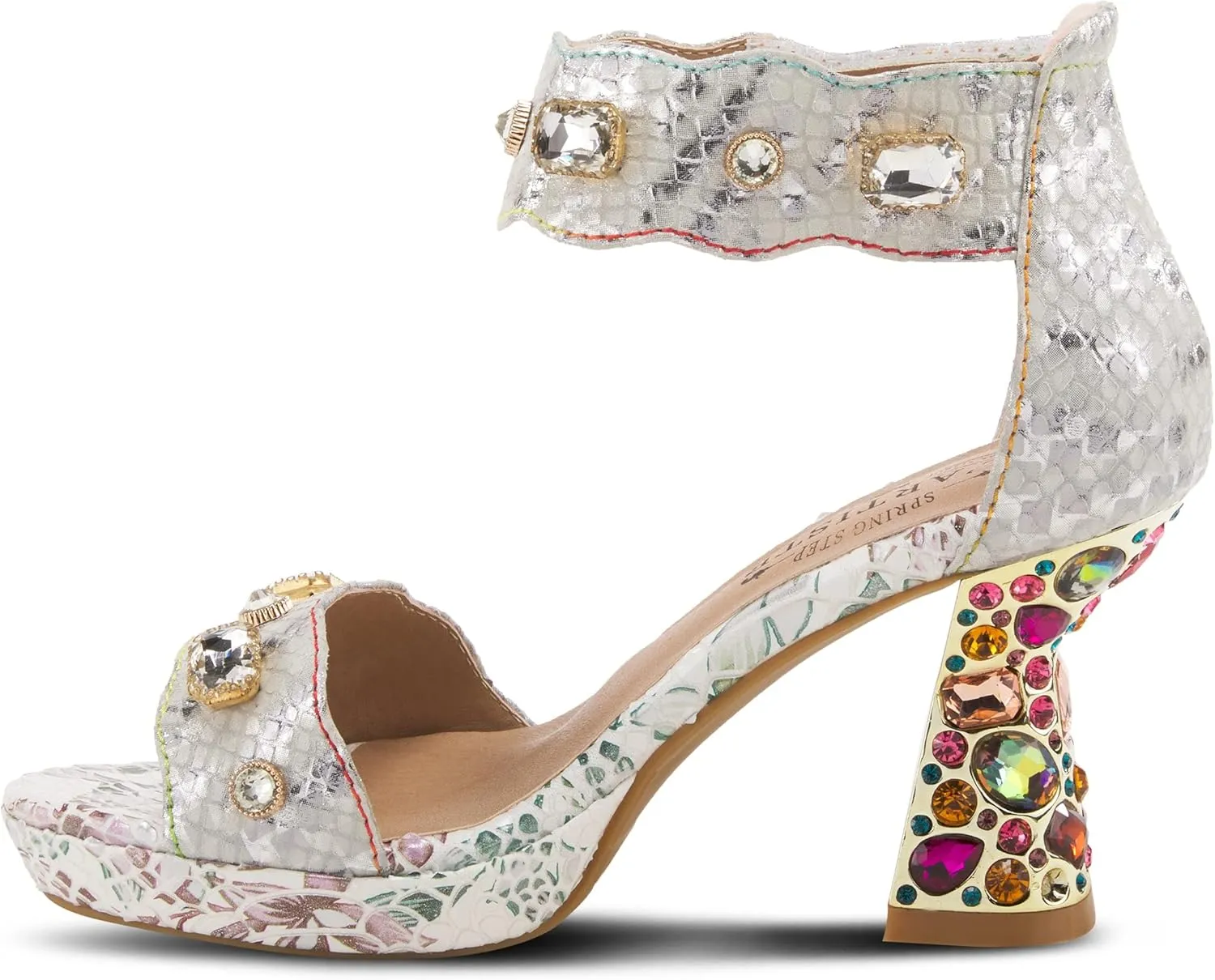 L'Artiste Jewell Women's Leather Sandals with Crystals, Strap, and Jewel Heel
