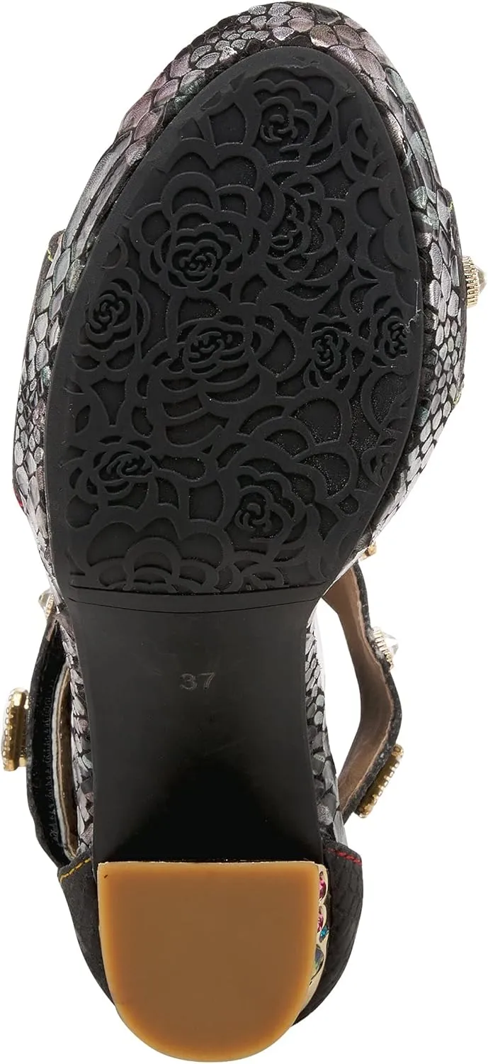 L'Artiste Jewell Women's Leather Sandals with Crystals, Strap, and Jewel Heel