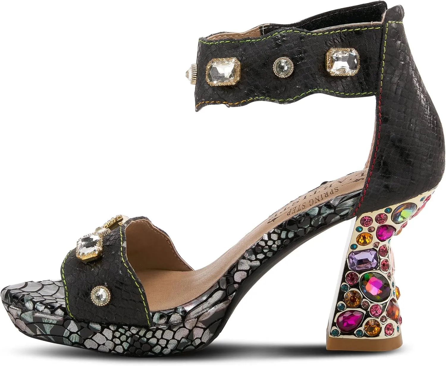 L'Artiste Jewell Women's Leather Sandals with Crystals, Strap, and Jewel Heel