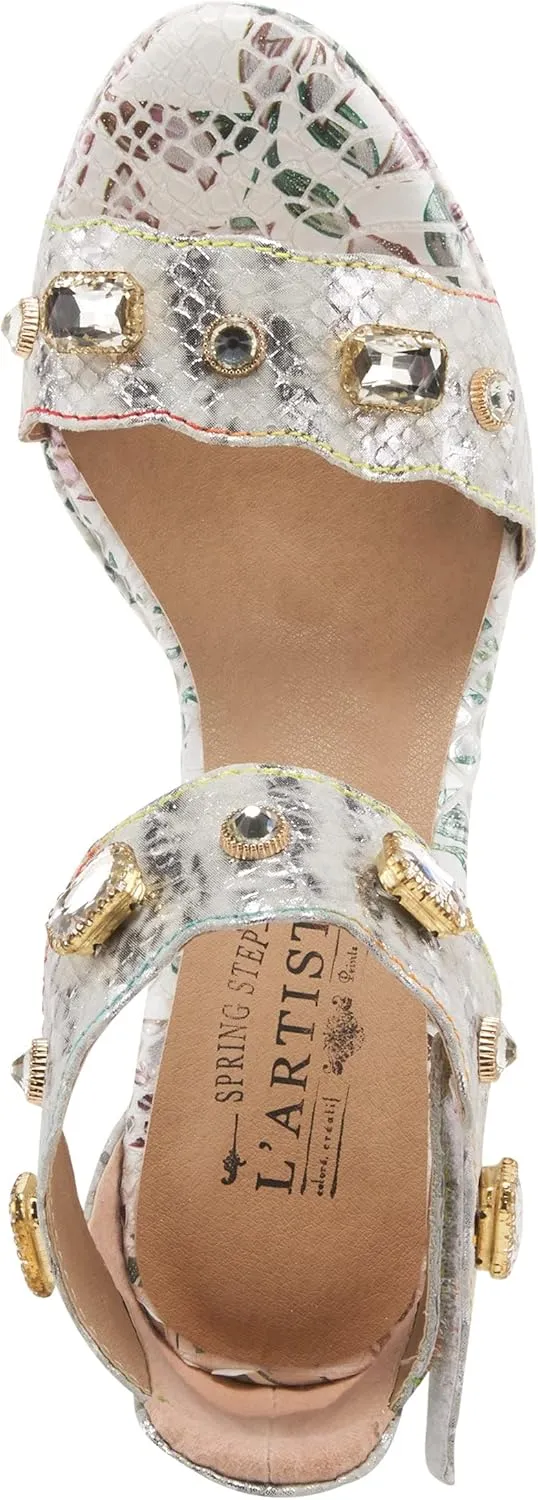 L'Artiste Jewell Women's Leather Sandals with Crystals, Strap, and Jewel Heel