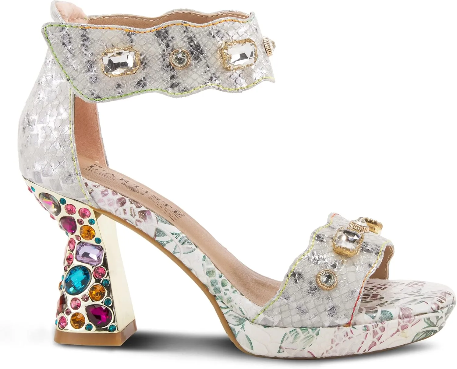 L'Artiste Jewell Women's Leather Sandals with Crystals, Strap, and Jewel Heel