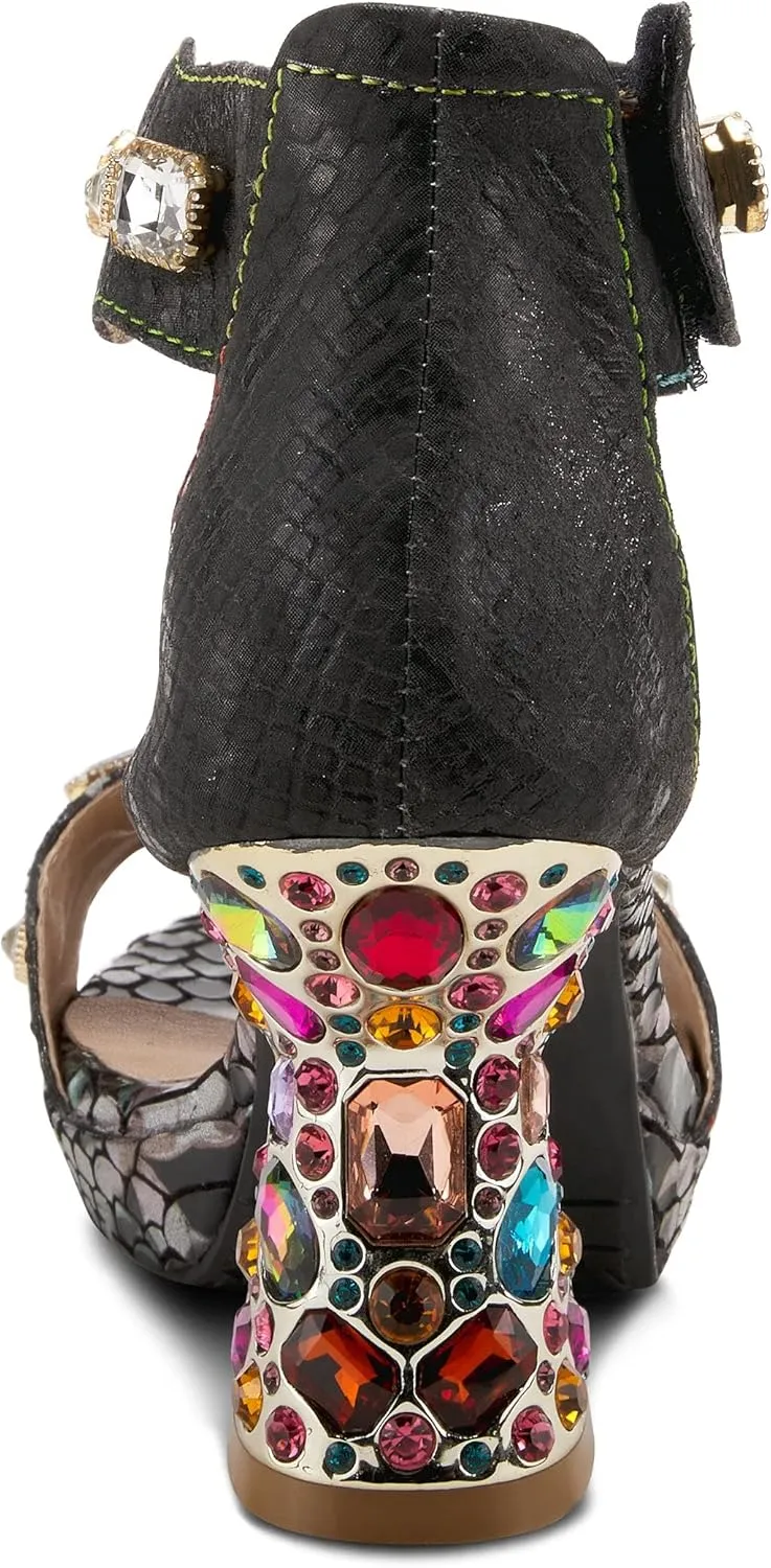 L'Artiste Jewell Women's Leather Sandals with Crystals, Strap, and Jewel Heel