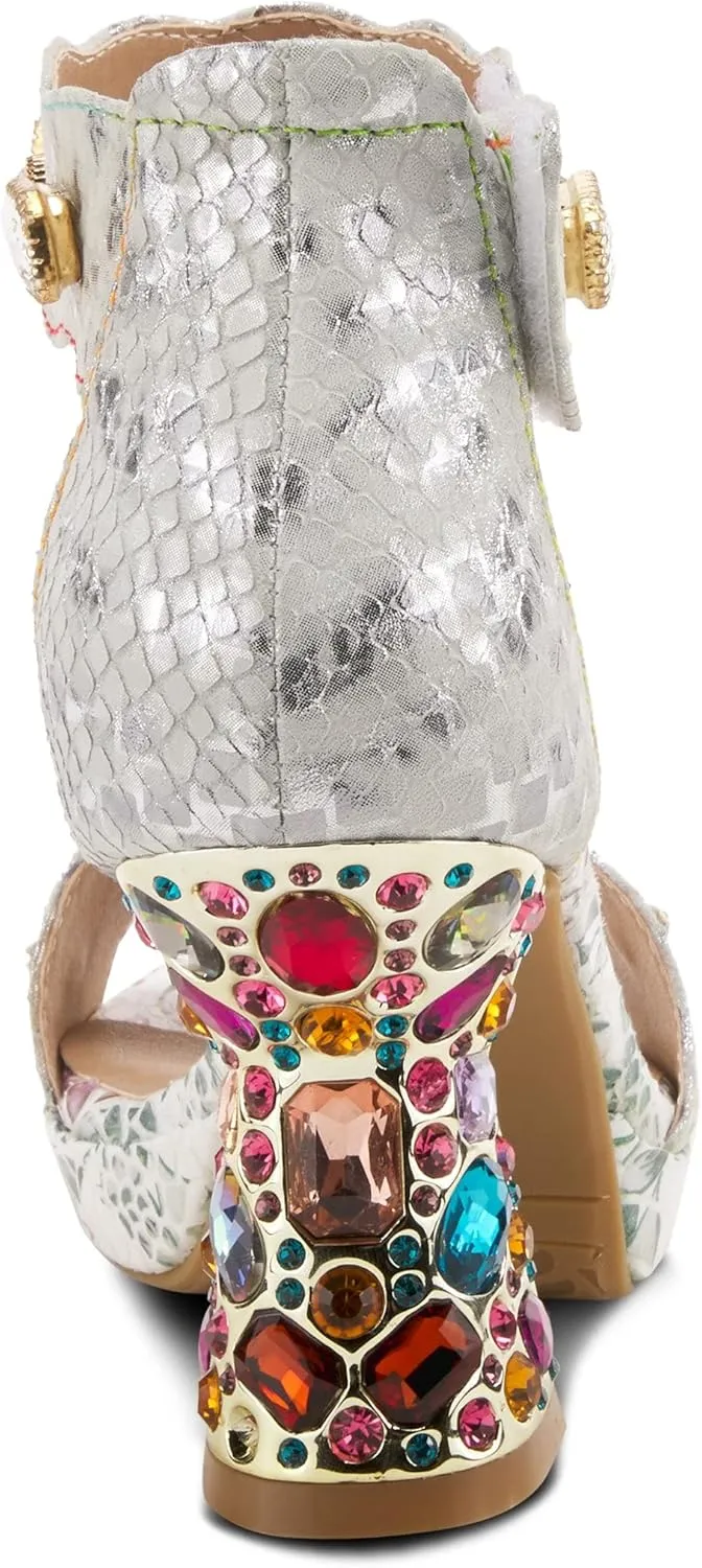 L'Artiste Jewell Women's Leather Sandals with Crystals, Strap, and Jewel Heel