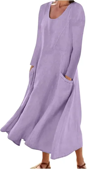 Linen Cotton Dresses for Women 2024 Long Sleeve Solid Casual Baggy Flowy Lightweight Vacation Maxi Dress with Pockets