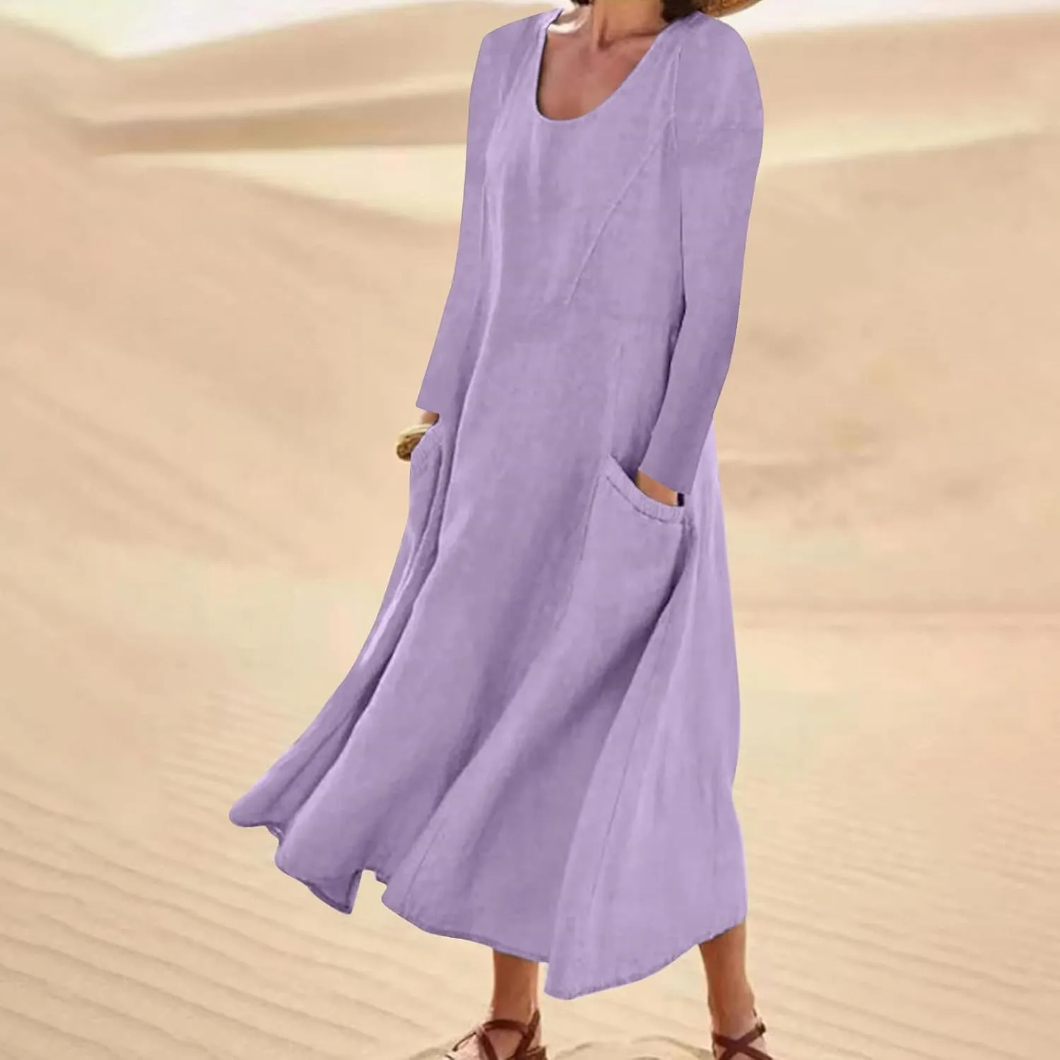 Linen Cotton Dresses for Women 2024 Long Sleeve Solid Casual Baggy Flowy Lightweight Vacation Maxi Dress with Pockets