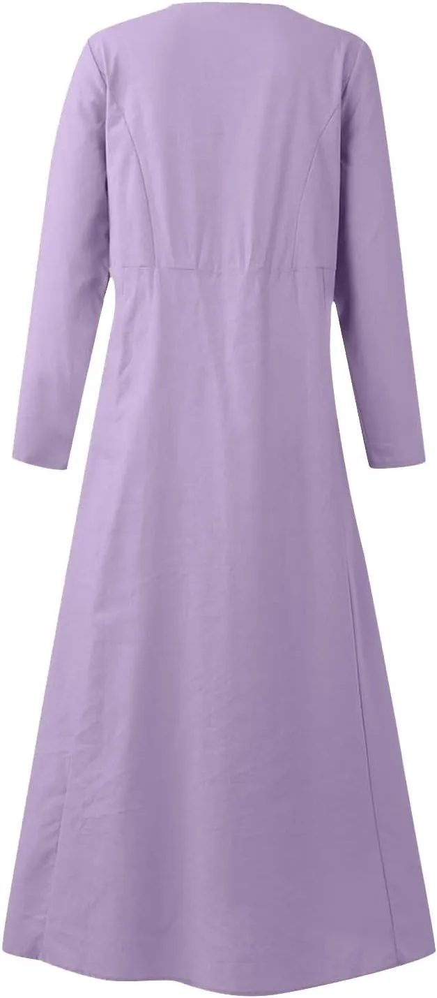 Linen Cotton Dresses for Women 2024 Long Sleeve Solid Casual Baggy Flowy Lightweight Vacation Maxi Dress with Pockets