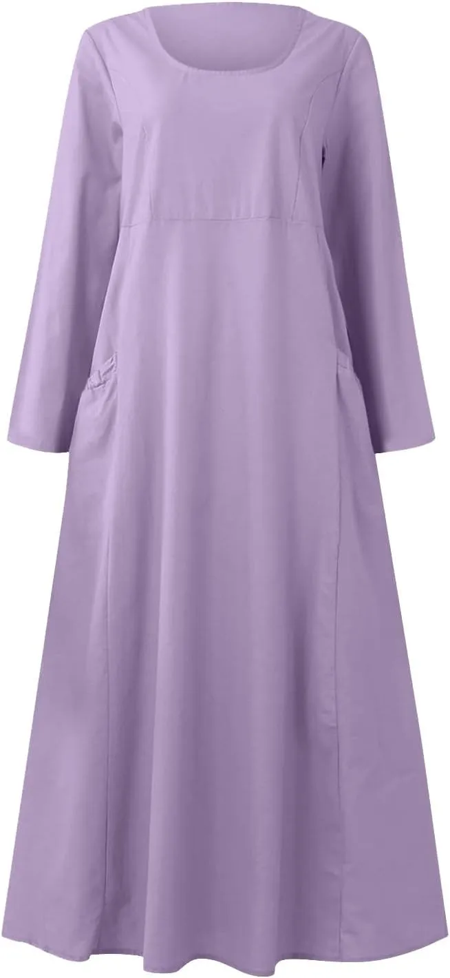 Linen Cotton Dresses for Women 2024 Long Sleeve Solid Casual Baggy Flowy Lightweight Vacation Maxi Dress with Pockets
