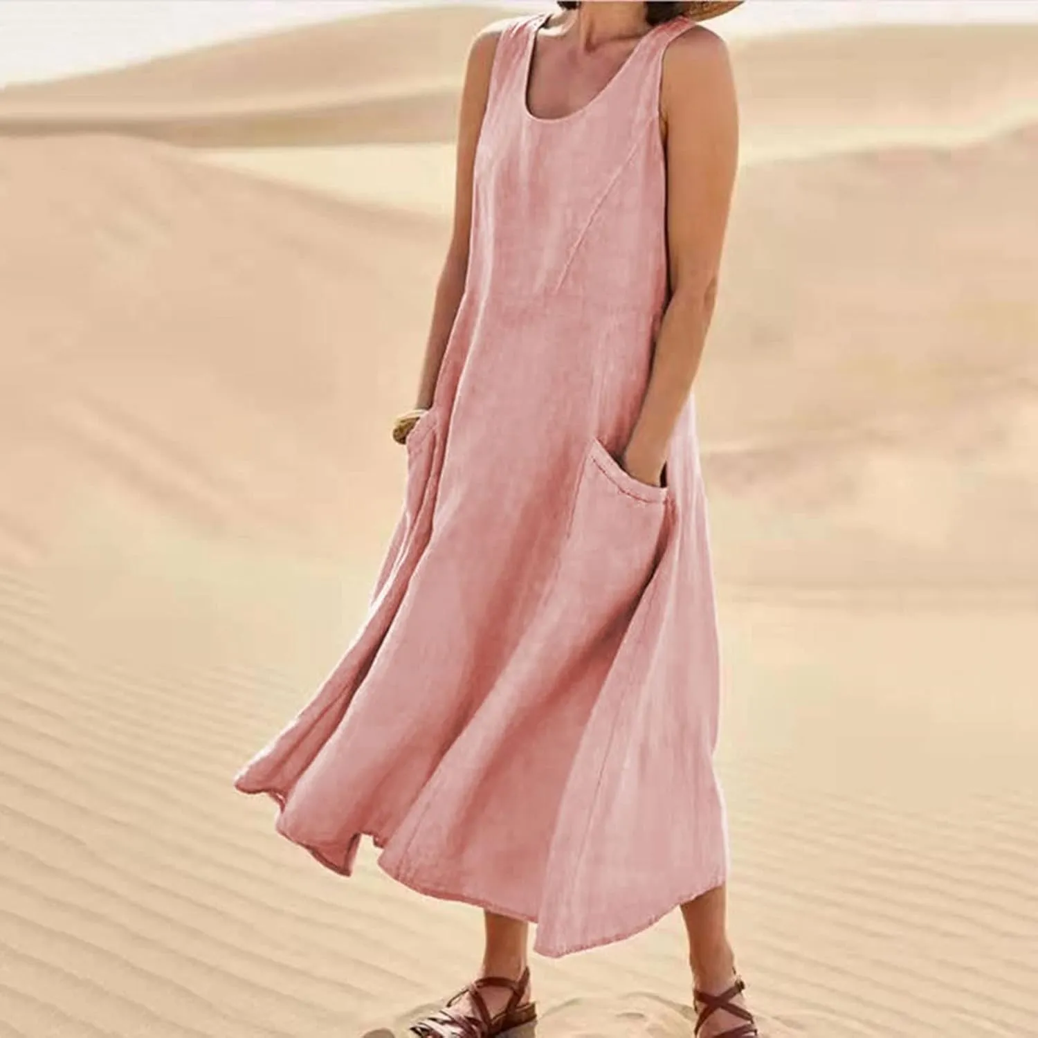 Linen Cotton Dresses for Women 2024 Sleeveless Solid Casual Baggy Flowy Lightweight Vacation Maxi Dress with Pockets