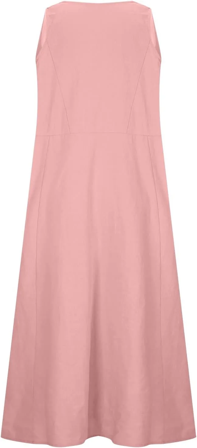 Linen Cotton Dresses for Women 2024 Sleeveless Solid Casual Baggy Flowy Lightweight Vacation Maxi Dress with Pockets