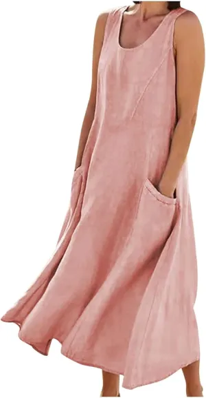 Linen Cotton Dresses for Women 2024 Sleeveless Solid Casual Baggy Flowy Lightweight Vacation Maxi Dress with Pockets