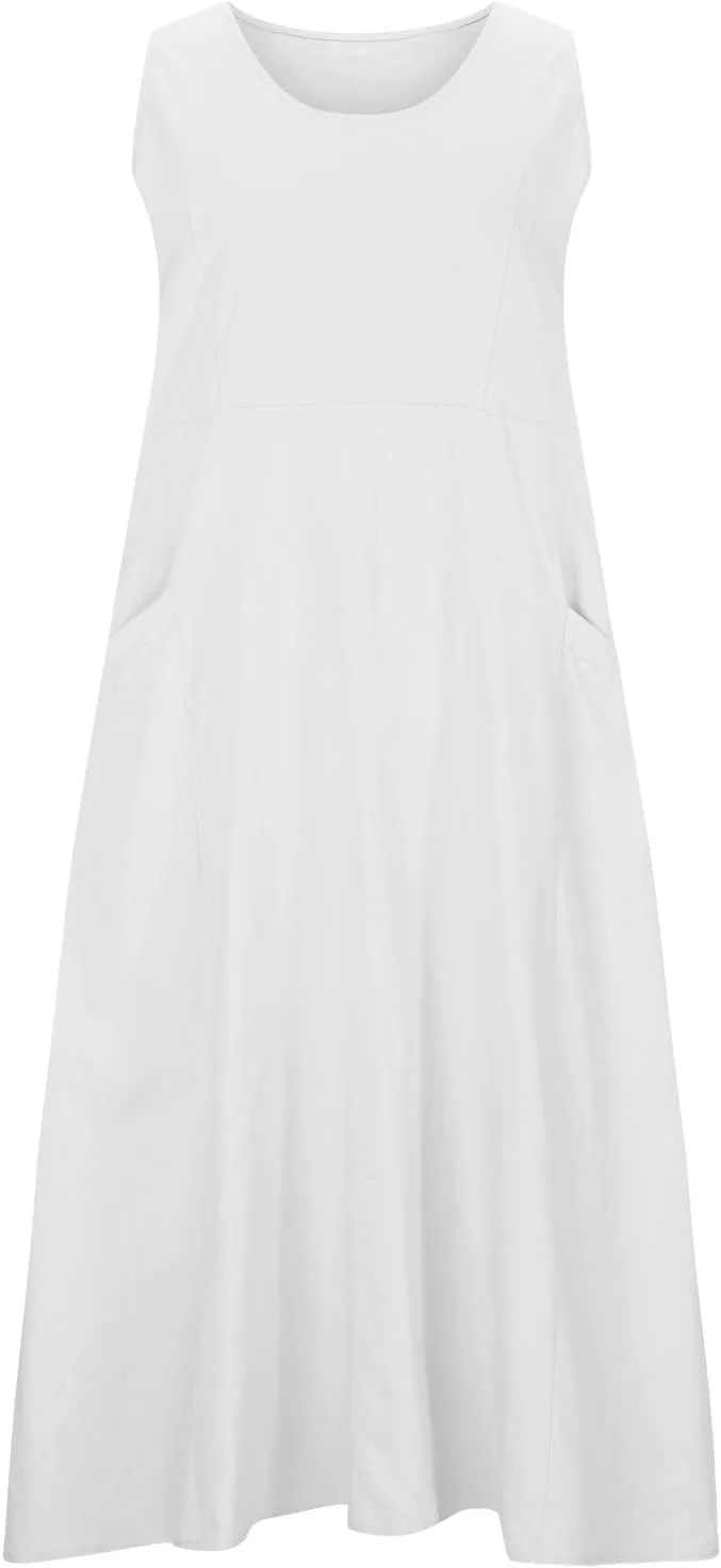 Linen Cotton Dresses for Women 2024 Sleeveless Solid Casual Baggy Flowy Lightweight Vacation Maxi Dress with Pockets