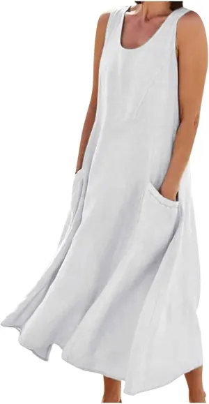 Linen Cotton Dresses for Women 2024 Sleeveless Solid Casual Baggy Flowy Lightweight Vacation Maxi Dress with Pockets
