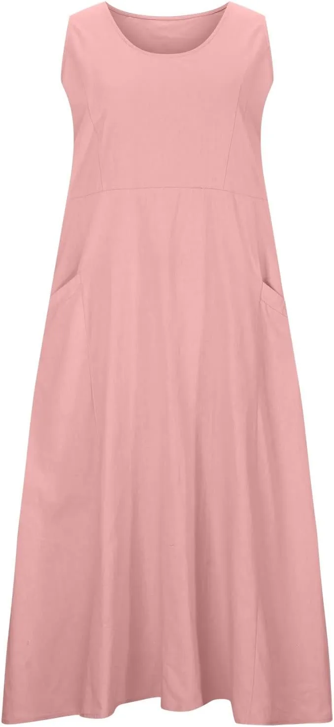 Linen Cotton Dresses for Women 2024 Sleeveless Solid Casual Baggy Flowy Lightweight Vacation Maxi Dress with Pockets