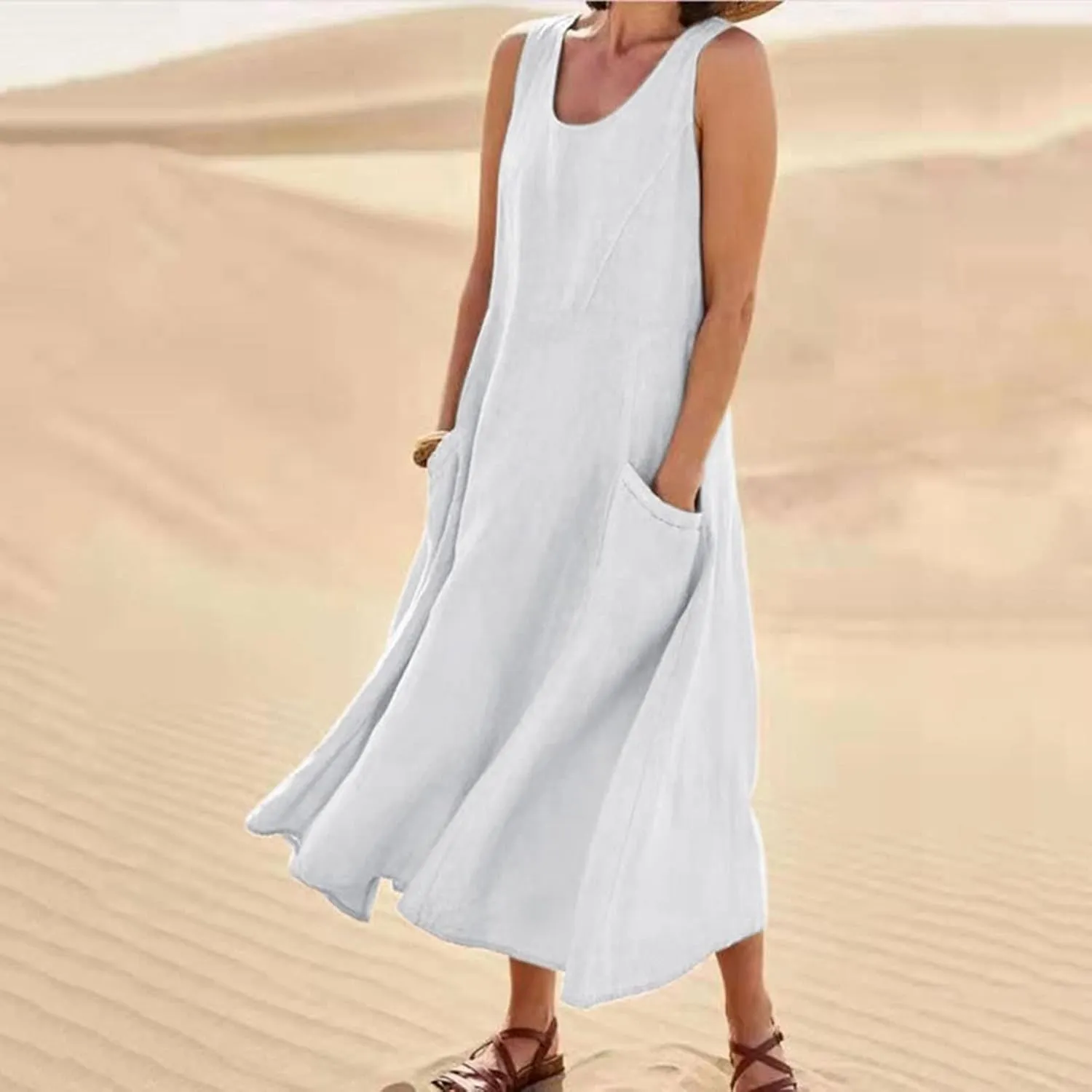 Linen Cotton Dresses for Women 2024 Sleeveless Solid Casual Baggy Flowy Lightweight Vacation Maxi Dress with Pockets