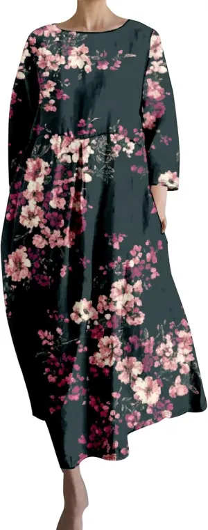 Linen Maxi Dress for Women Vintage Floral Print Plus Size Summer Casual 3/4 Sleeve Dresses with Pockets