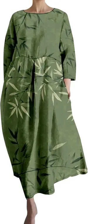 Linen Maxi Dress for Women Vintage Floral Print Plus Size Summer Casual 3/4 Sleeve Dresses with Pockets